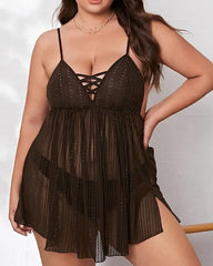 Plus Size Split Hem Sheer Mesh Babydoll With Thong