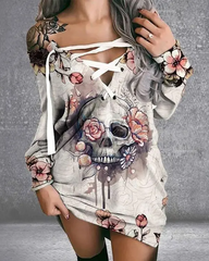 Halloween Eyelet Lace-up Skull Floral Print Casual Dress