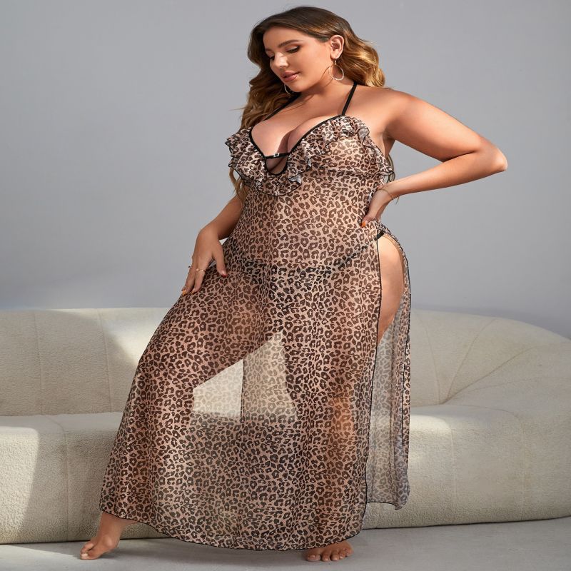 Plus Size Sexy Pajamas Leopard Print Nightgown Suspender See-through Long Skirt