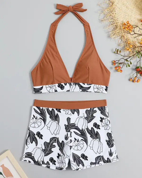 V-neck Plants Print High Waist Halter Bikini Set