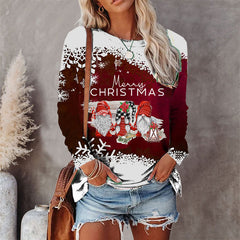 Burgundy Cute Printed Round Neck Christmas Long Sleeve Top