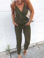 Casual Solid Color V-Neck Lace-Up Jumpsuit