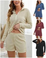 Long Sleeve Shorts Loungewear Waffle Knit Hugh Pajama Set