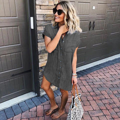 Button Short Sleeve Denim Shirt Dress