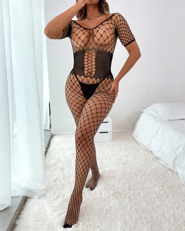 Off Shoulder Crotchless Fishnet Bodystockings