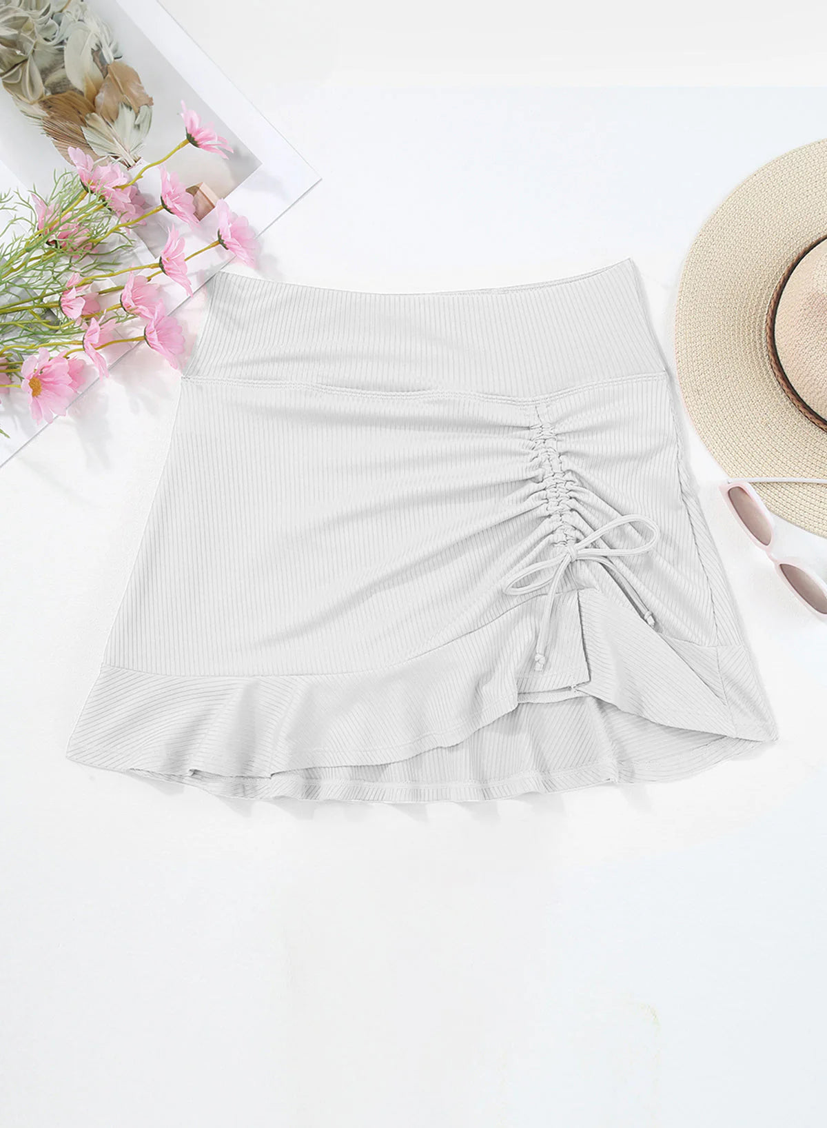 Solid Color High Waist Pleated Skirt With One Side Tie Swim Short