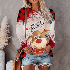 Red Deer Print Round Neck Christmas Long Sleeve Top