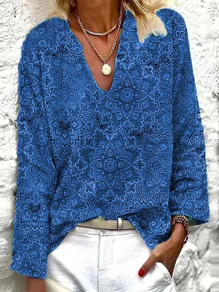 Boho Style Floral V Neck Long Sleeve Casual Shirts