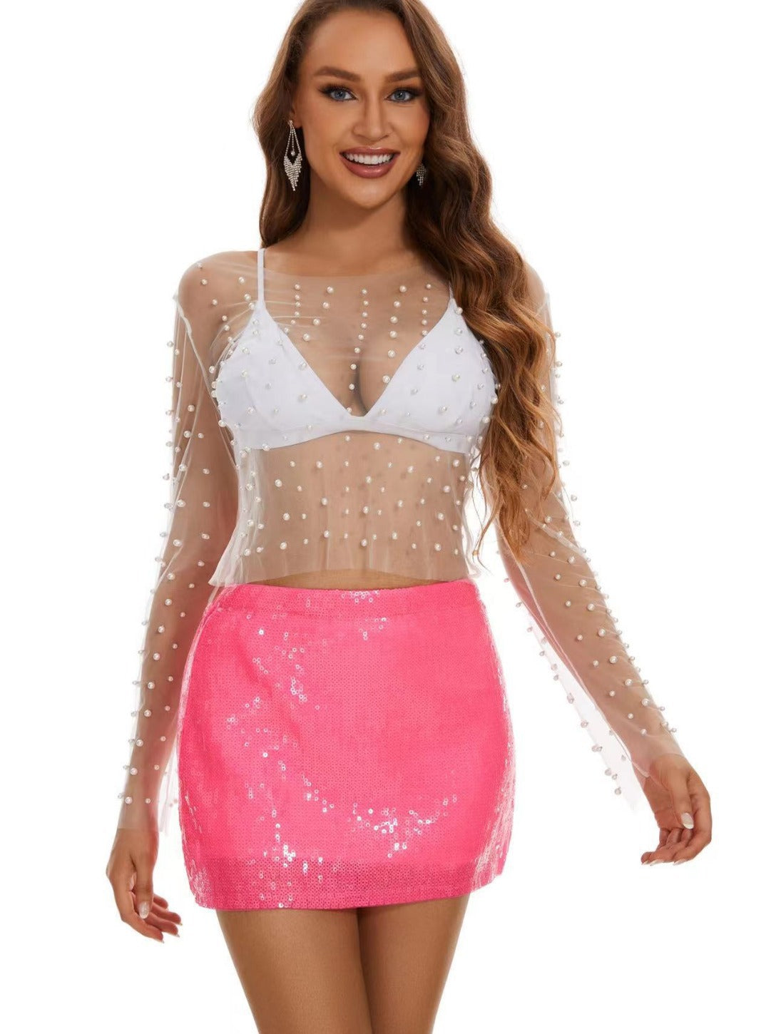 See-Through Beaded Long-Sleeved Mesh Top