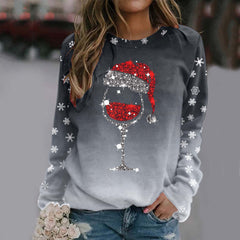 Christmas Red Wine Glass Print Long Sleeve Round Neck Ladies Top