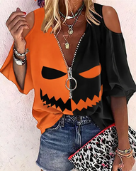 Halloween Graphic Print Colorblock Cold Shoulder Top