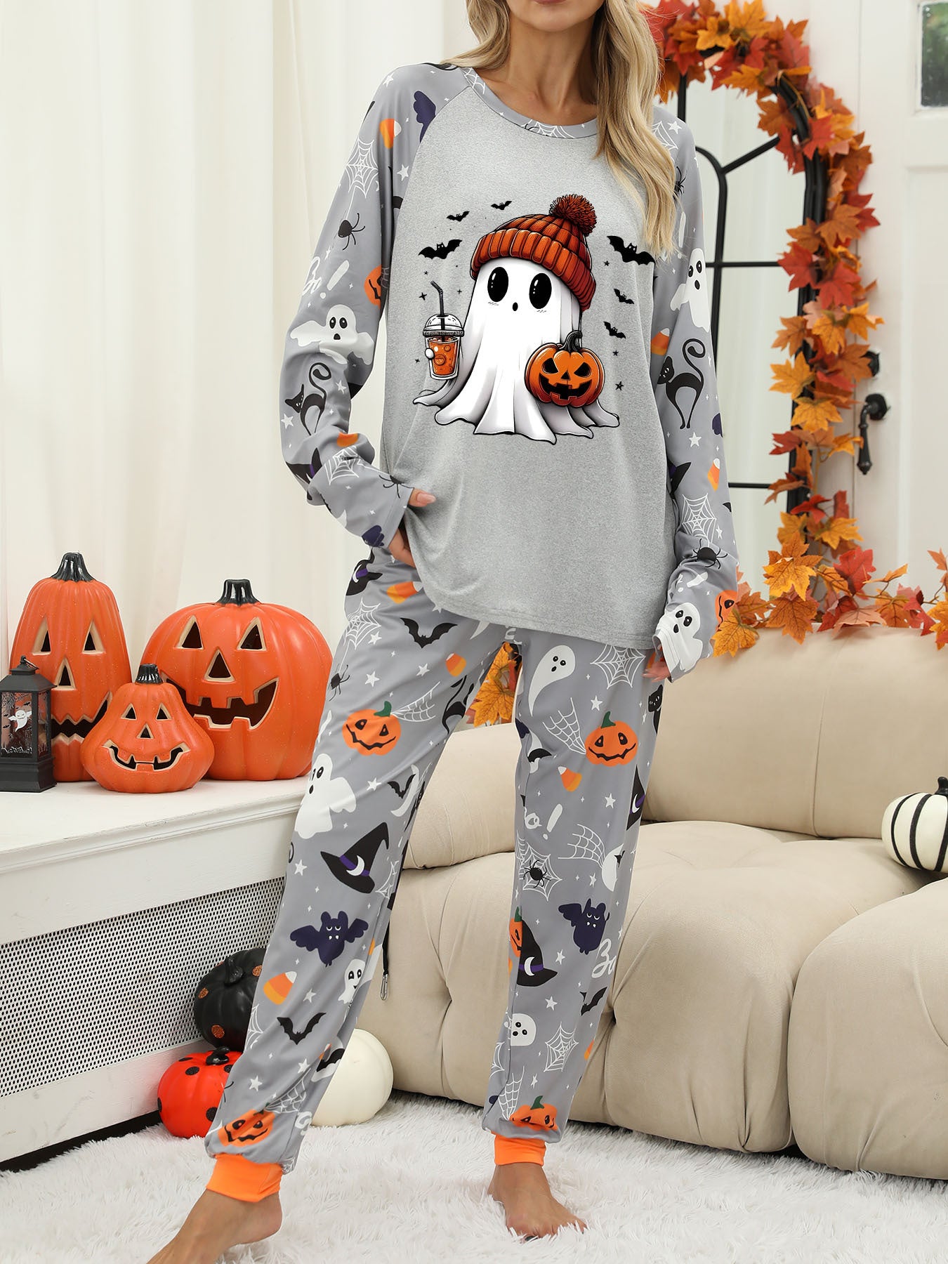 Halloween Women's Printed Autumn And Winter Long-Sleeved Trousers Home Wear Suit