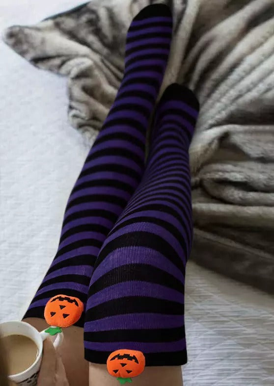 Halloween Pumpkin Face Striped Over Knee Long Socks