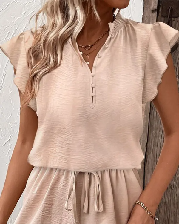 Flutter Sleeve Buttoned Drawstring Romper