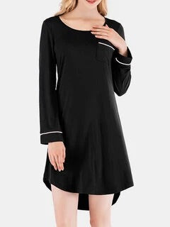 Plus Size Women Cotton Plain Long Sleeve High Low Hem Nightdress Pajamas With Pocket