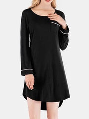 Plus Size Women Cotton Plain Long Sleeve High Low Hem Nightdress Pajamas With Pocket