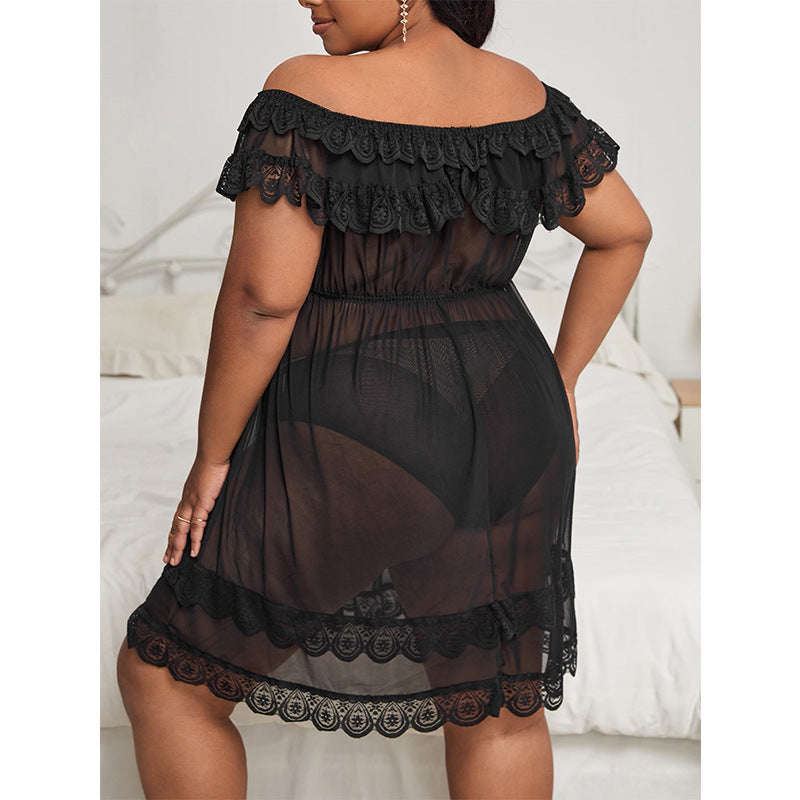 Plus Size Lingerie Sexy Lace Temptation One-shoulder See-through Nightgown Set