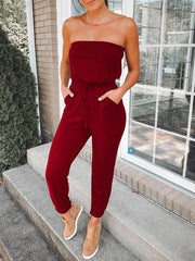 Casual Solid Strapless Pockets Jumpsuit