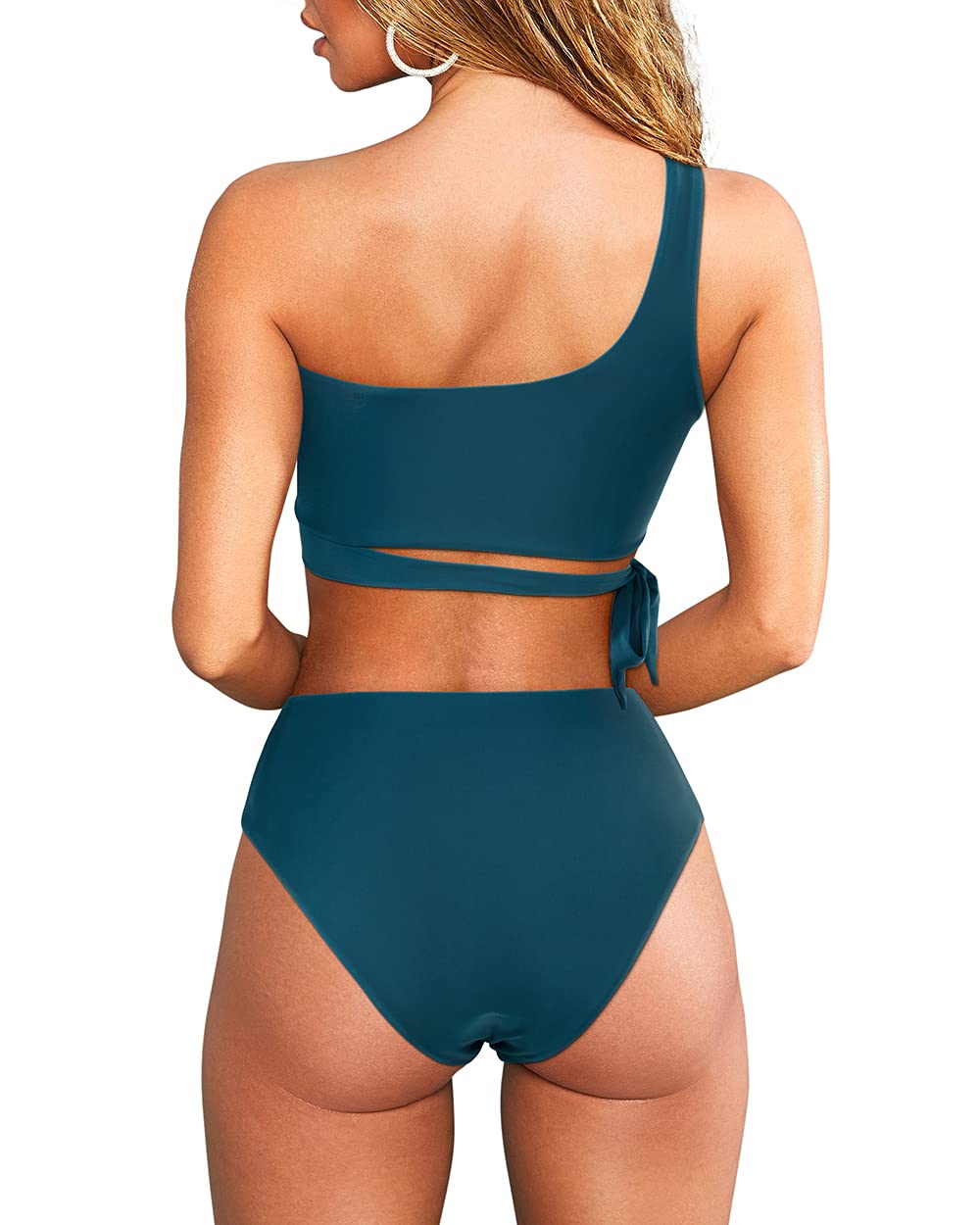One Shoulder High Waisted Bikini Tie High Cut Two Piece Swimsuits