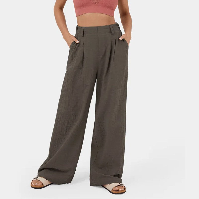 High Waisted Wide Leg Solid Color Waffle Casual Pants