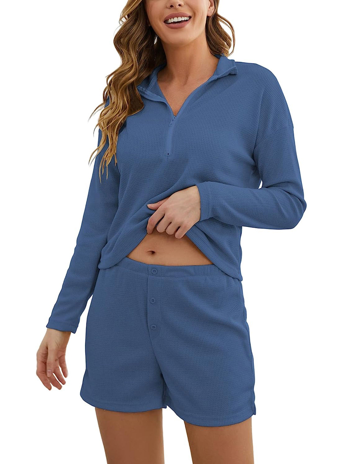 Long Sleeve Shorts Loungewear Waffle Knit Hugh Pajama Set