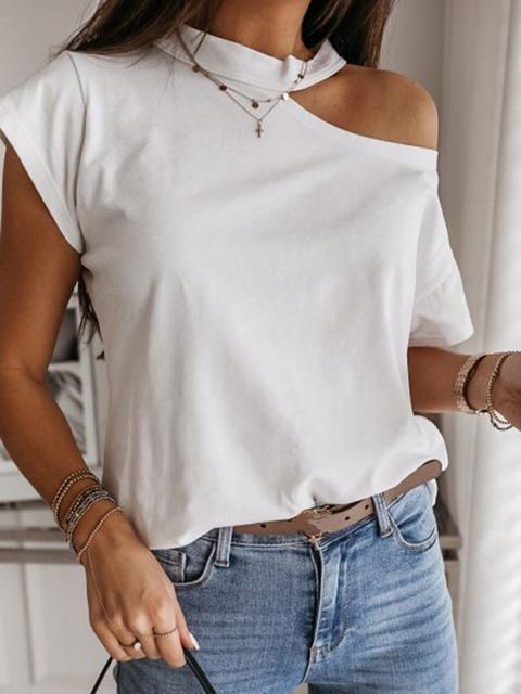 Solid Color Slant Shoulder T-shirt