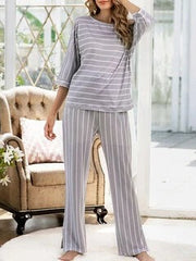 Plus Size Women Striped Loose Casual 3/4 Sleeve Pajama Sets