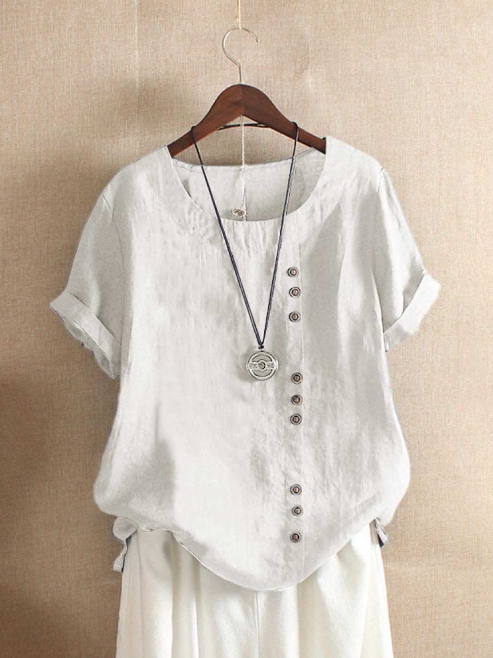 SOLID COLOR SHORT SLEEVE BUTTON SUMMER T-SHIRT