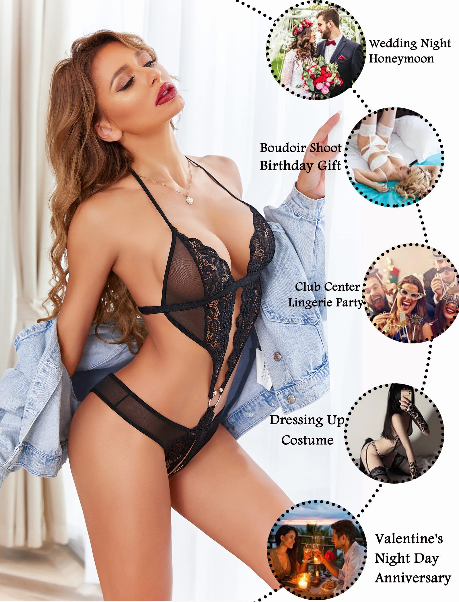 Deep V Lingerie Lace Teddy One Piece Babydoll Mini Bodysuit