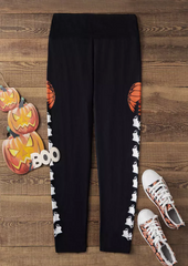 Halloween Pumpkin Face Skinny Leggings - Black