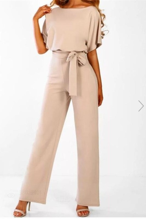 Casual Short Sleeve Belted Jumpsuit Long Pants Back Keyhole Overall Romper