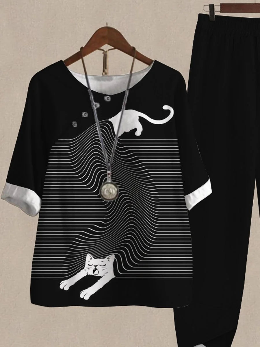 Fun Cat Print Casual Two Piece Set