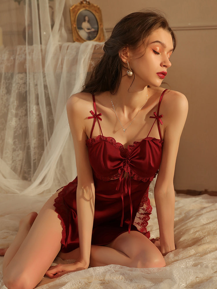 Sleeveless Split Sexy Spaghetti Straps Red One-Piece Nightgown