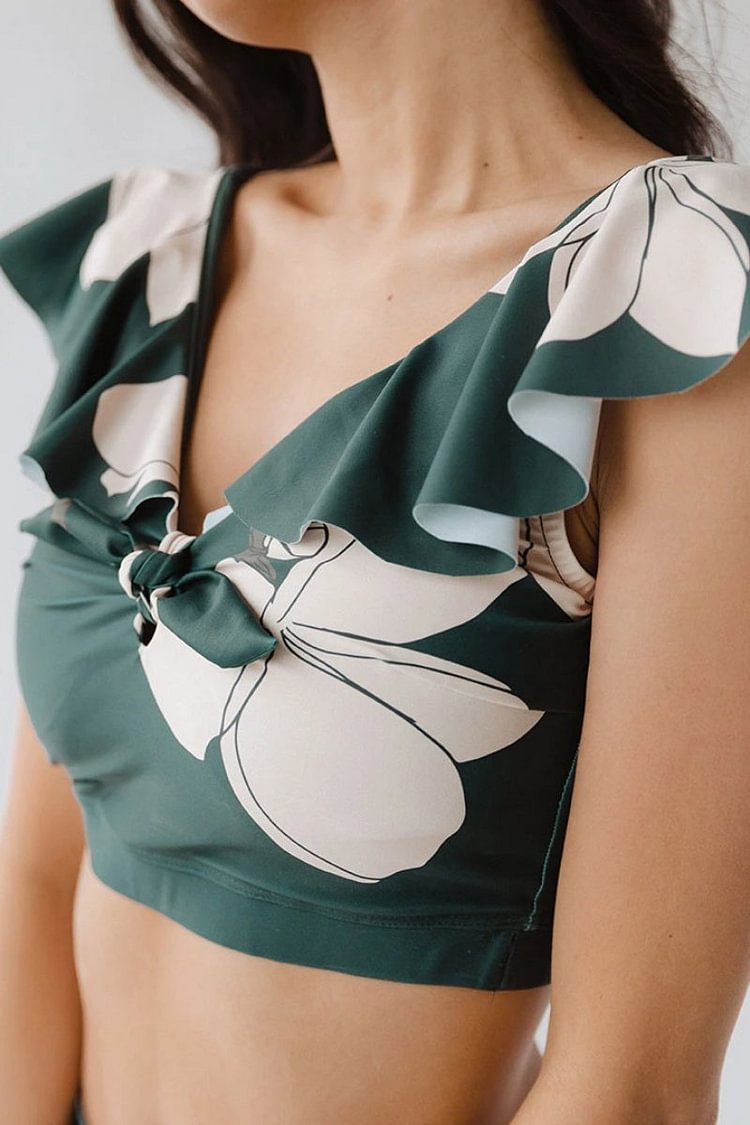 High-Waist Floral V-neck Emerald Bikini Set