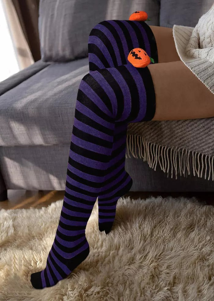 Halloween Pumpkin Face Striped Over Knee Long Socks