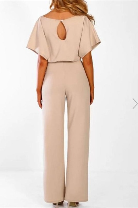 Casual Short Sleeve Belted Jumpsuit Long Pants Back Keyhole Overall Romper