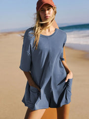 Loose Casual Short-Sleeved V-neck Backless Jumpsuit