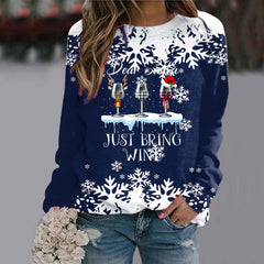 Three Red Wine Glasses Round Neck Raglan Sleeve Sweatshirt Christmas Print Long Sleeve Top