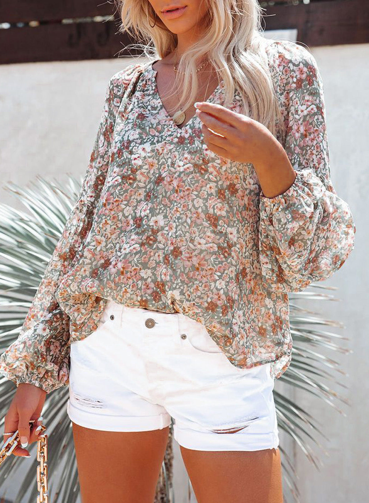 Long-Sleeved V-Neck Floral Chiffon Shirt