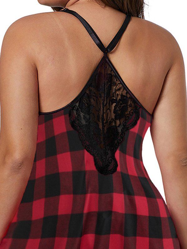 Plus Size Lingerie Dress Plaid Print Lace Panel Scalloped Sheer Lingerie Set-Red