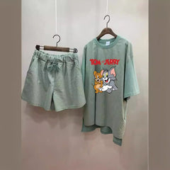 Round Neck Loose Fashion Short Sleeve Shorts Two Piece Suit