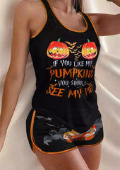 Halloween If You Like My Pumpkins You Should See My Pie Tank And Shorts Pajamas Set - Orange