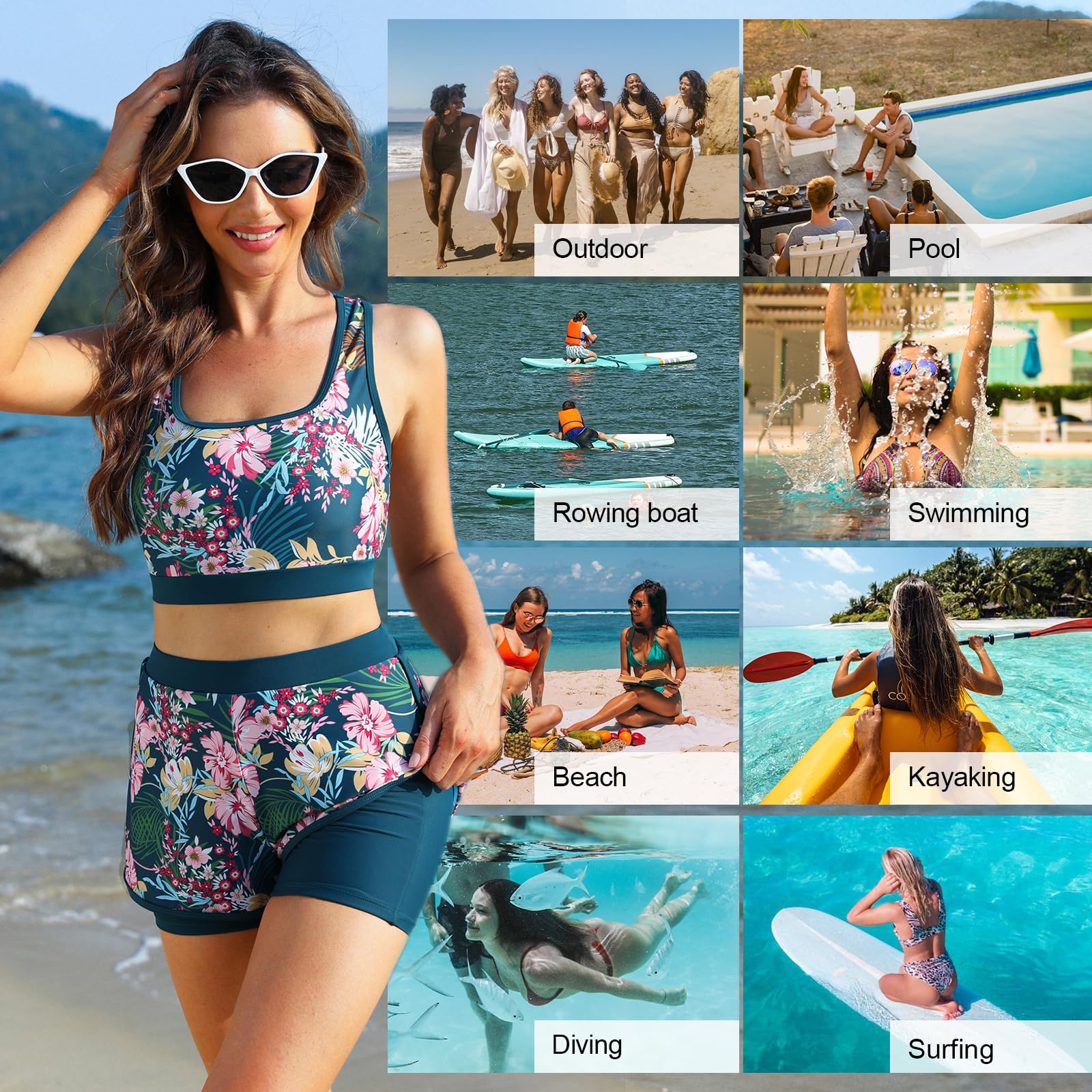 Peacock Blue-pink Flower 3 Piece Rash Guard Long Sleeve Swimsuits with Boyshorts Zip Up UPF 50+ Swim Shirt Built in Bra