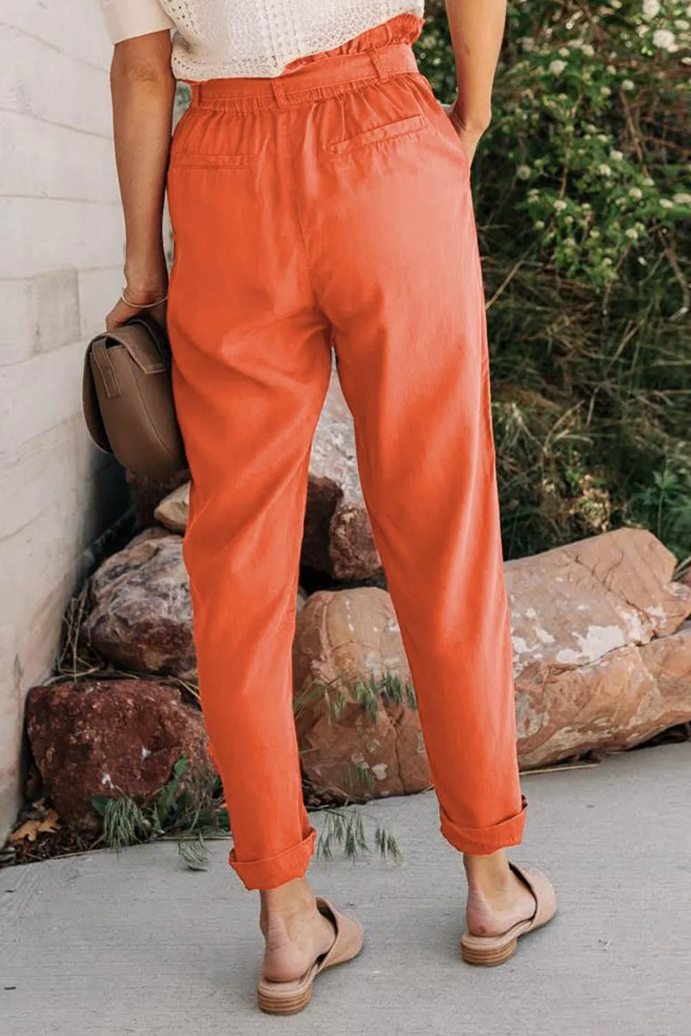 Gray Paper Bag Elastic Waist Casual Pants
