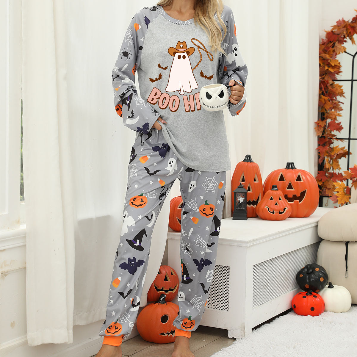 Halloween Women's Printed Autumn And Winter Long-Sleeved Trousers Home Wear Suit