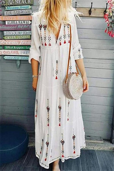 THREE-QUARTER SLEEVE ANKLE-LENGTH PRINT HIGH WAIST PULLOVER DRESS