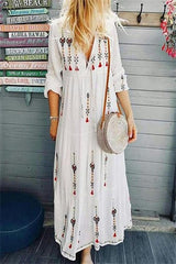 THREE-QUARTER SLEEVE ANKLE-LENGTH PRINT HIGH WAIST PULLOVER DRESS