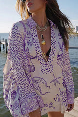 Live By Water Satin Unique Print Tassle Shirt and Elastic Waist Shorts Set