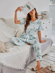 V-Neck Light Green Orchid Print Short-Sleeved Milk Silk Loungewear Suit