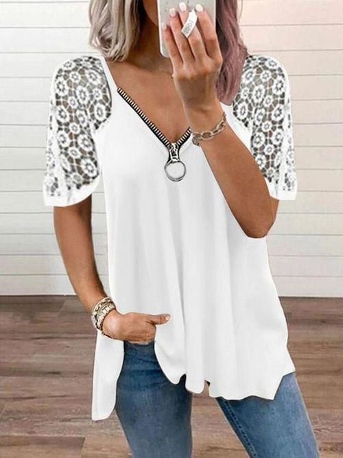 Casual Lace Patchwork V-neck Hollow Out T-Shirts